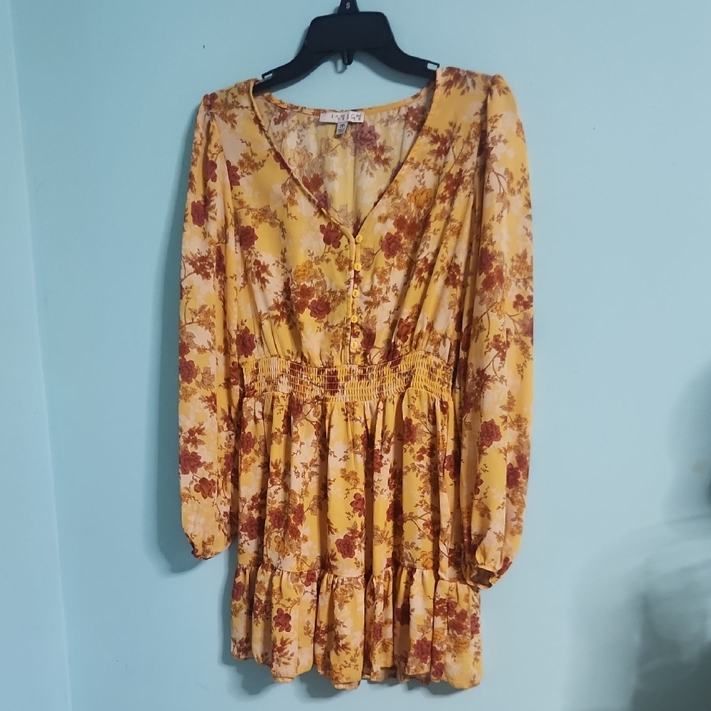 Inspired Hearts Gold V-Neck Bishop Sleeve Dress